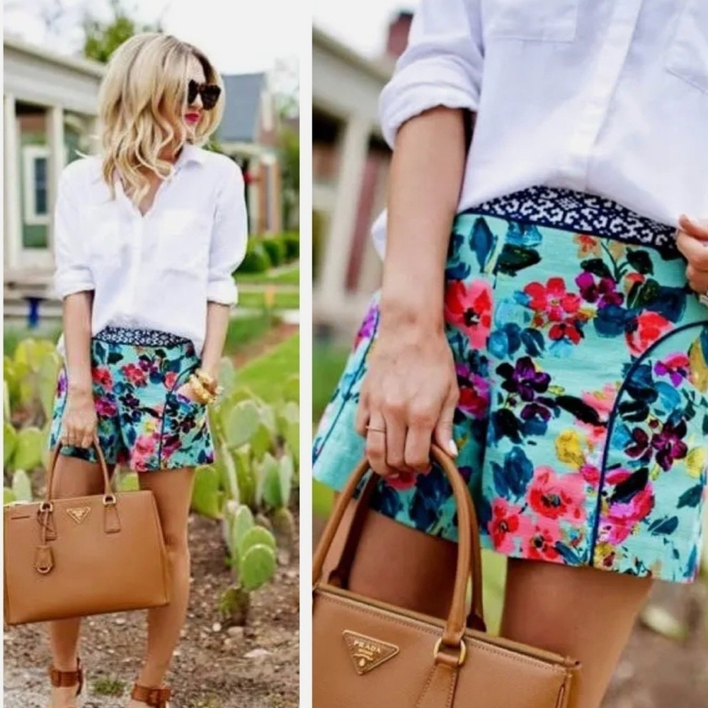Anthropologie Floral Aqua Blue Mini Shorts
